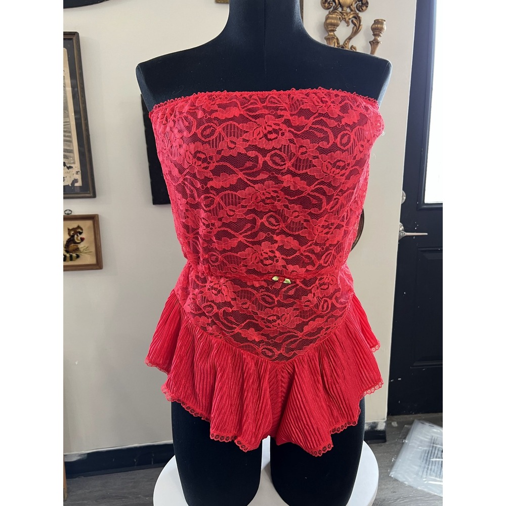 Vintage Undercover Wear Red Lace Strapless Tube Top Romper Set Size S USA
